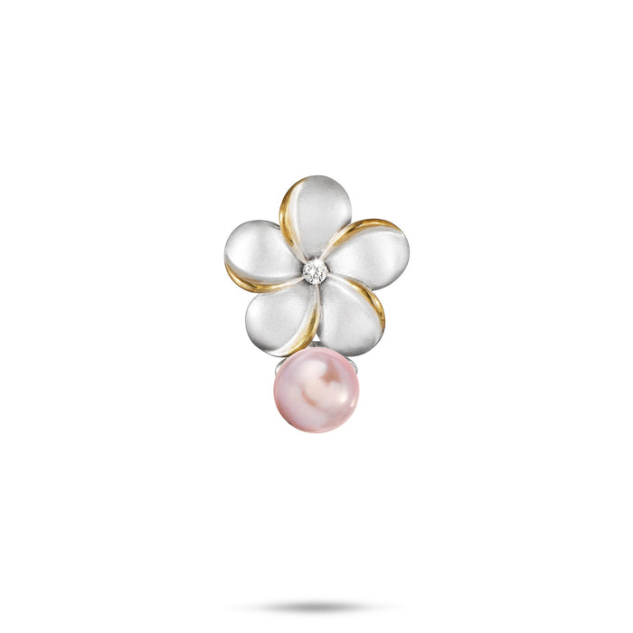 15mm Pick A Pearl Plumeria Pendant in Sterling Silver and Gold with a Cubic Zirconia and Lavender Pearl on a white background
