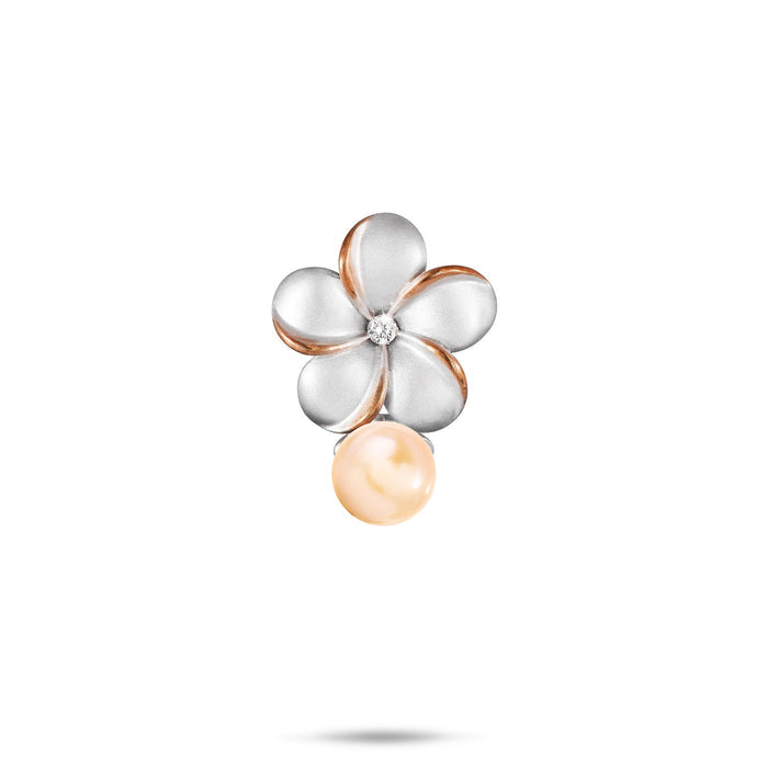 15mm Pick A Pearl Plumeria Pendant in Sterling Silver and Rose Gold with a Cubic Zirconia and Peach Pearl on a white background