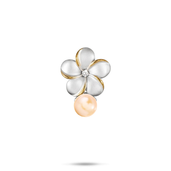 15mm Pick A Pearl Plumeria Pendant in Sterling Silver and Gold with a Cubic Zirconia and Peach Pearl on a white background