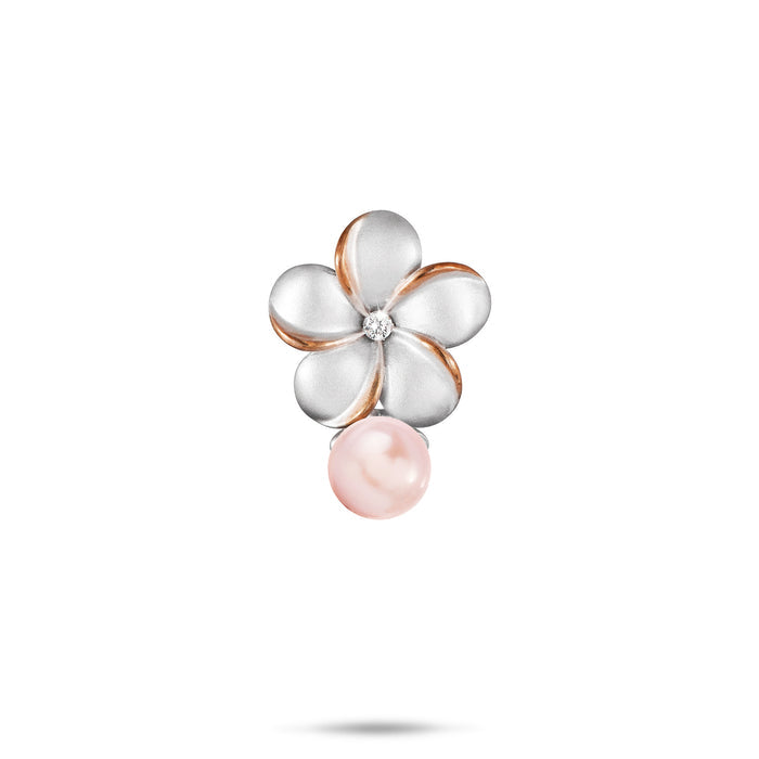 15mm Pick A Pearl Plumeria Pendant in Sterling Silver and Rose Gold with a Cubic Zirconia and Pink Pearl on a white background