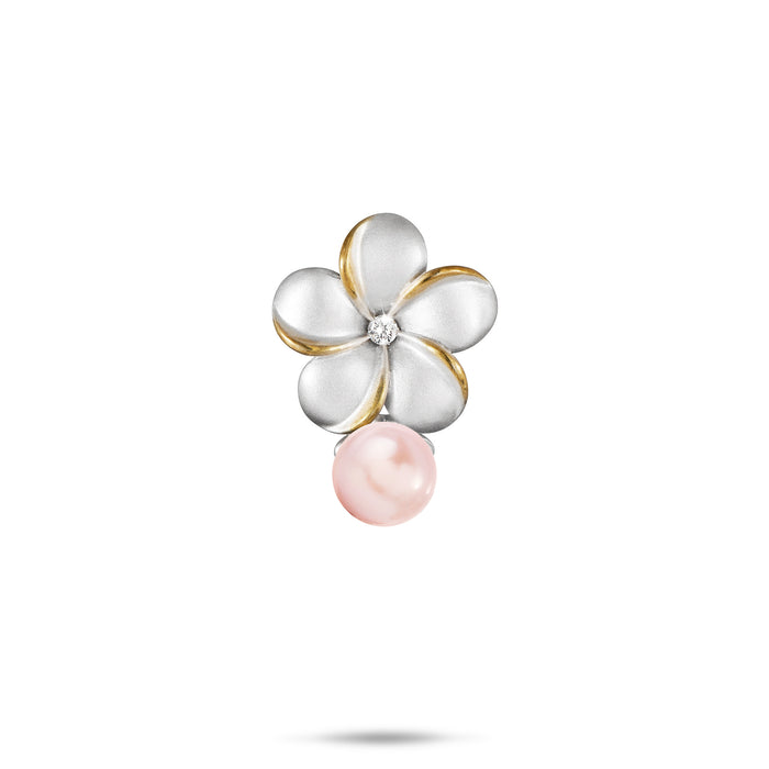 15mm Pick A Pearl Plumeria Pendant in Sterling Silver and Gold with a Cubic Zirconia and Pink Pearl on a white background