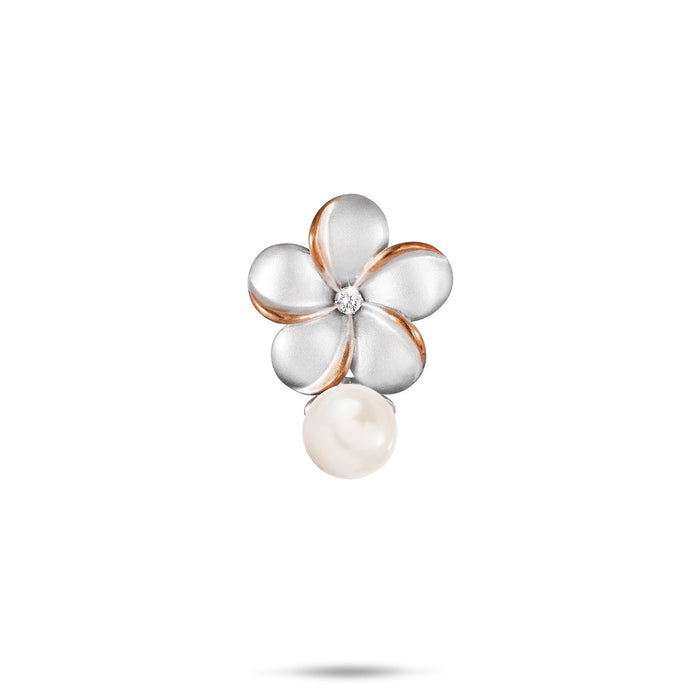 15mm Pick A Pearl Plumeria Pendant in Sterling Silver and Rose Gold with a Cubic Zirconia and White Pearl on a white background