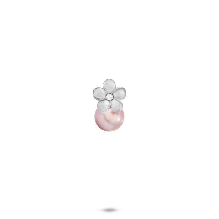 8mm Pick A Pearl Plumeria Pendant in Sterling Silver with a Cubic Zirconia and Lavender Pearl on a white background