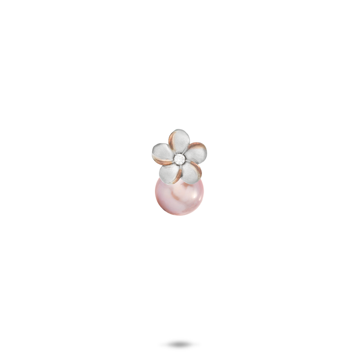 8mm Pick A Pearl Plumeria Pendant in Sterling Silver and Rose Gold with a Cubic Zirconia and Lavender Pearl against white