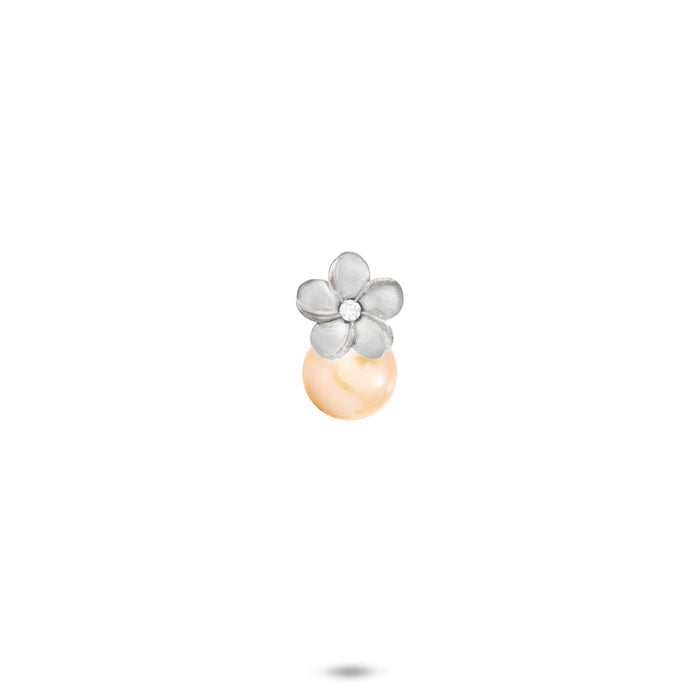 8mm Pick A Pearl Plumeria Pendant in Sterling Silver with a Cubic Zirconia and Peach Pearl on a white background