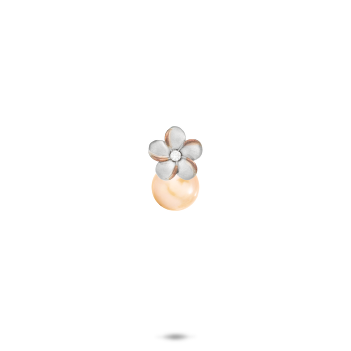 8mm Pick A Pearl Plumeria Pendant in Sterling Silver and Rose Gold with a Cubic Zirconia and Peach Pearl against white