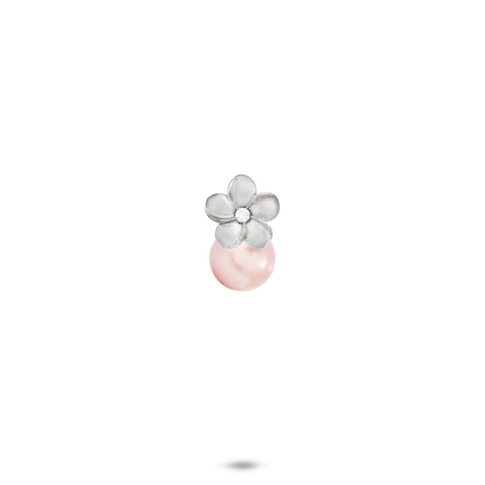 8mm Pick A Pearl Plumeria Pendant in Sterling Silver with a Cubic Zirconia and Pink Pearl on a white background