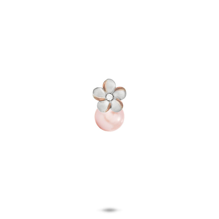 8mm Pick A Pearl Plumeria Pendant in Sterling Silver and Rose Gold with a Cubic Zirconia and Pink Pearl against white