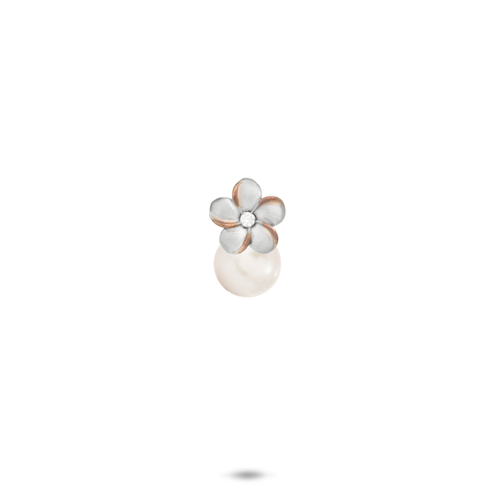 8mm Pick A Pearl Plumeria Pendant in Sterling Silver and Rose Gold with a Cubic Zirconia and White Pearl against white