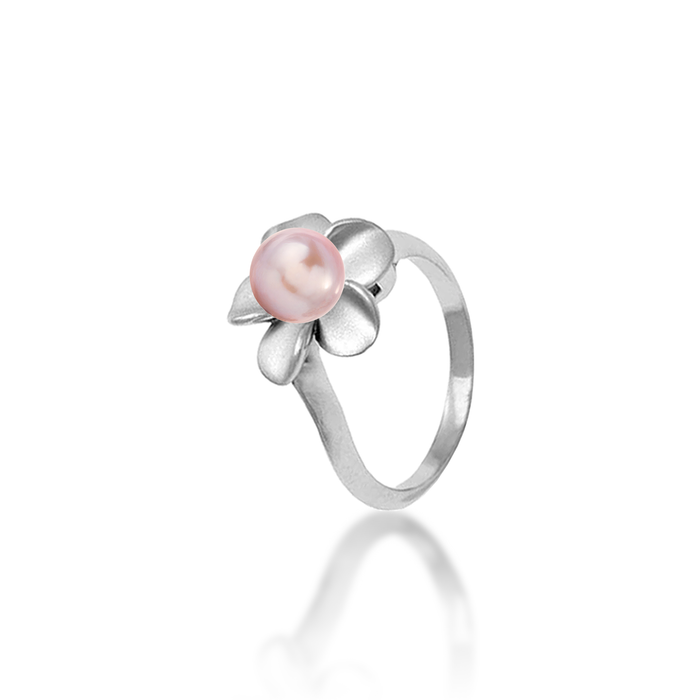 13mm Pick A Pearl Plumeria Ring in Sterling Silver with a Lavender Pearl on a white background