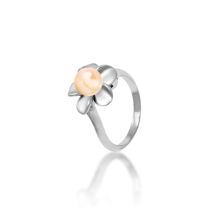 13mm Pick A Pearl Plumeria Ring in Sterling Silver with a Peach Pearl on a white background