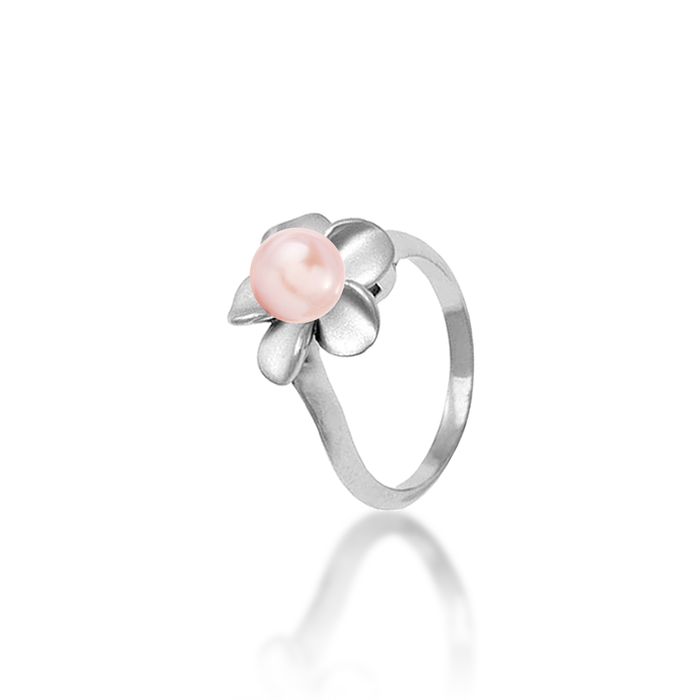 13mm Pick A Pearl Plumeria Ring in Sterling Silver with a Pink Pearl on a white background