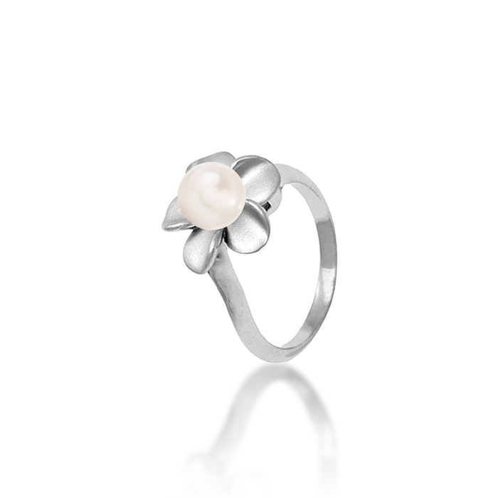 13mm Pick A Pearl Plumeria Ring in Sterling Silver with a White Pearl on a white background