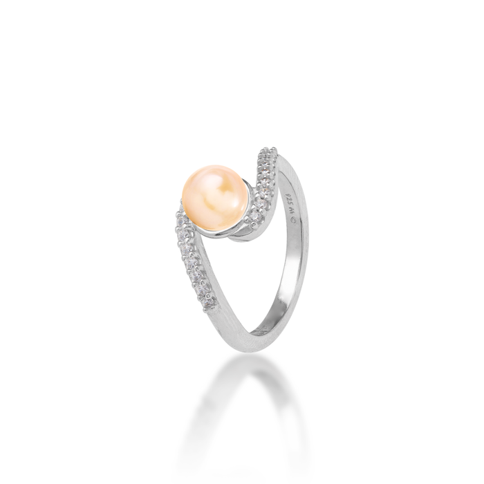 Pick A Pearl Ring in Sterling Silver with Cubic Zirconia and a Peach Pearl on a white background