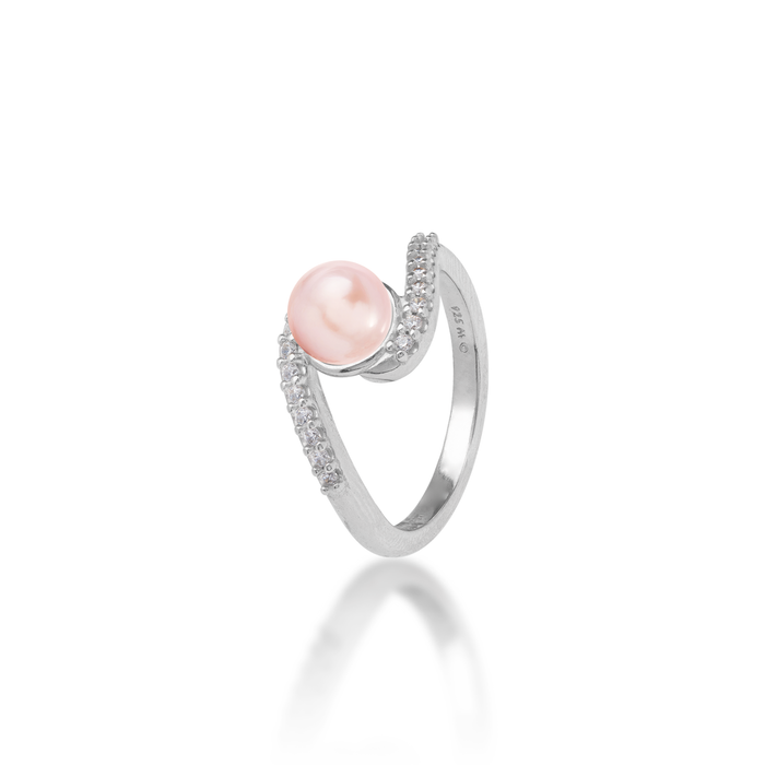 Pick A Pearl Ring in Sterling Silver with Cubic Zirconia and a Pink Pearl on a white background