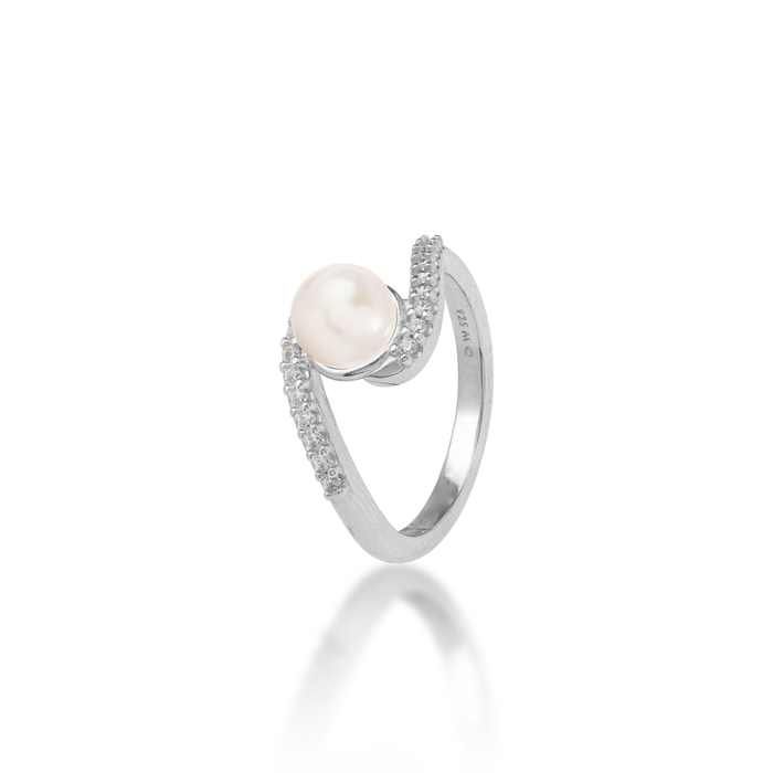 Pick A Pearl Ring in Sterling Silver with Cubic Zirconia and a White Pearl on a white background