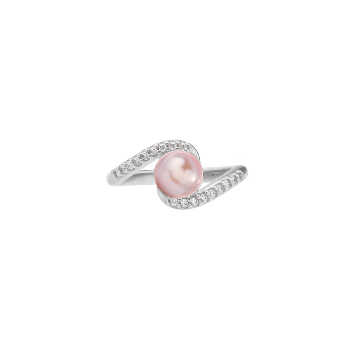 Front view of a Pick A Pearl Ring in Sterling Silver with Cubic Zirconia and a Lavender Pearl on a white background