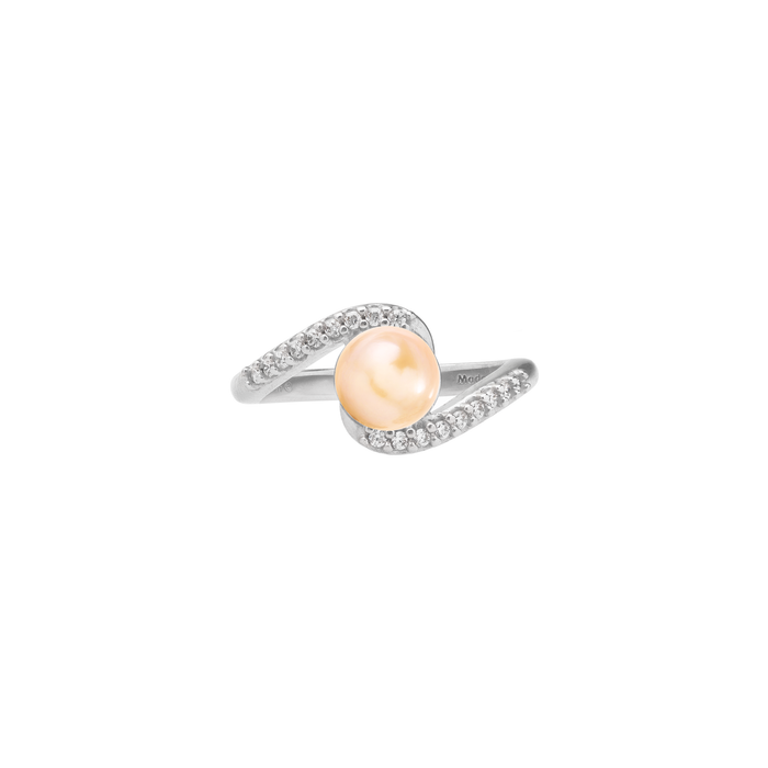 Front view of a Pick A Pearl Ring in Sterling Silver with Cubic Zirconia and a Peach Pearl on a white background