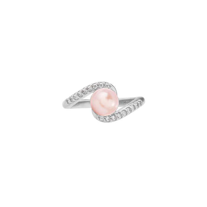 Front view of a Pick A Pearl Ring in Sterling Silver with Cubic Zirconia and a Pink Pearl on a white background
