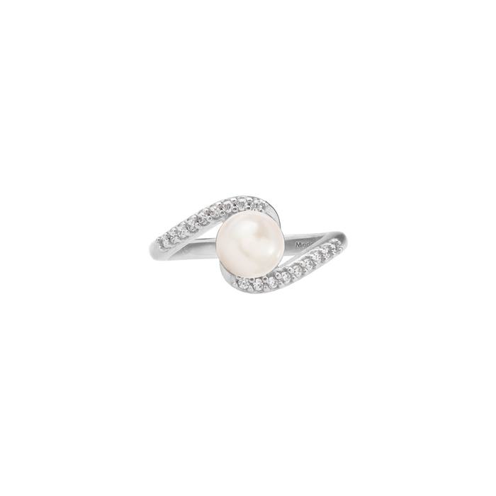 Front view of a Pick A Pearl Ring in Sterling Silver with Cubic Zirconia and a White Pearl on a white background