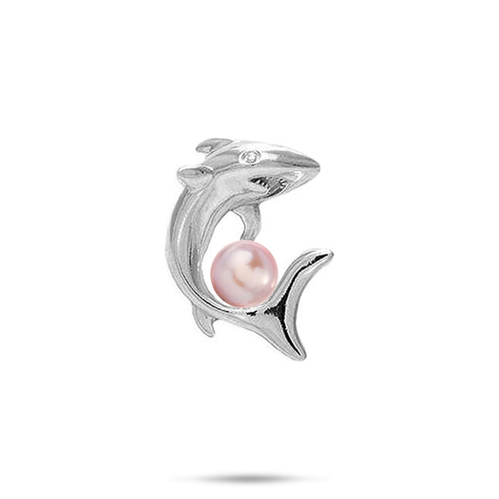 23mm Pick A Pearl Shark Pendant in Sterling Silver with a Lavender Pearl on a white background