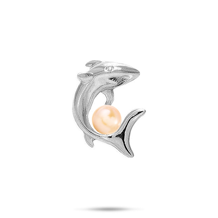 23mm Pick A Pearl Shark Pendant in Sterling Silver with a Peach Pearl on a white background