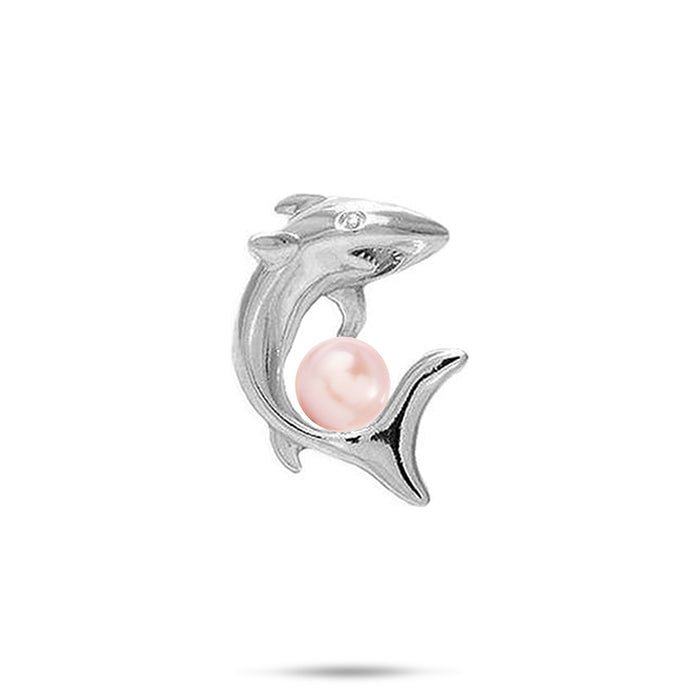 23mm Pick A Pearl Shark Pendant in Sterling Silver with a Pink Pearl on a white background