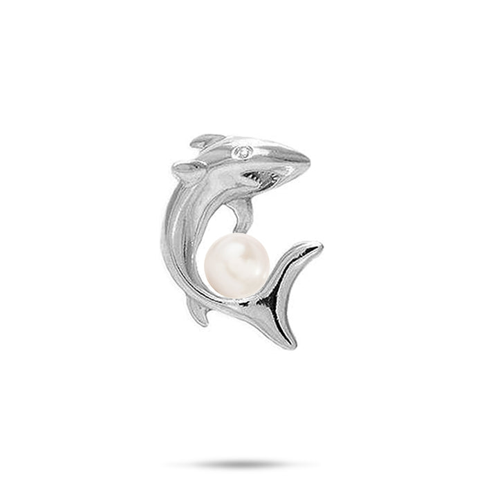 23mm Pick A Pearl Shark Pendant in Sterling Silver with a White Pearl on a white background