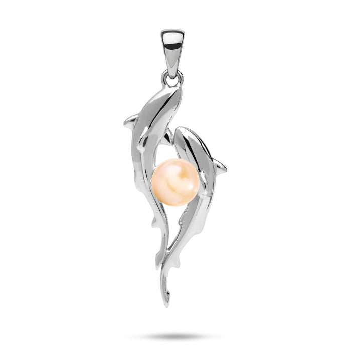 33mm Pick A Pearl Shark Pendant in Sterling Silver with a Peach Pearl on a white background