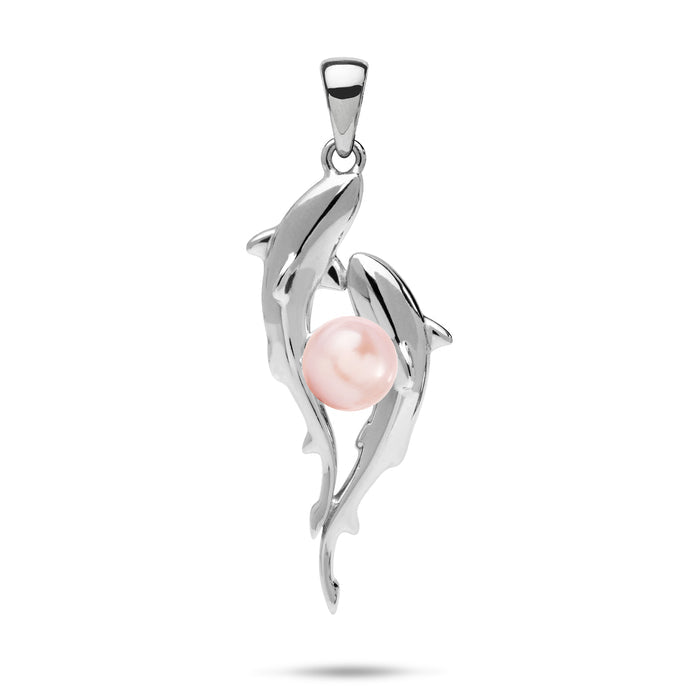 33mm Pick A Pearl Shark Pendant in Sterling Silver with a Pink Pearl on a white background