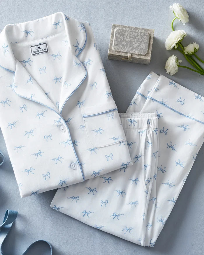 Pima Pajama Set in Blue Bows - Madison's Niche