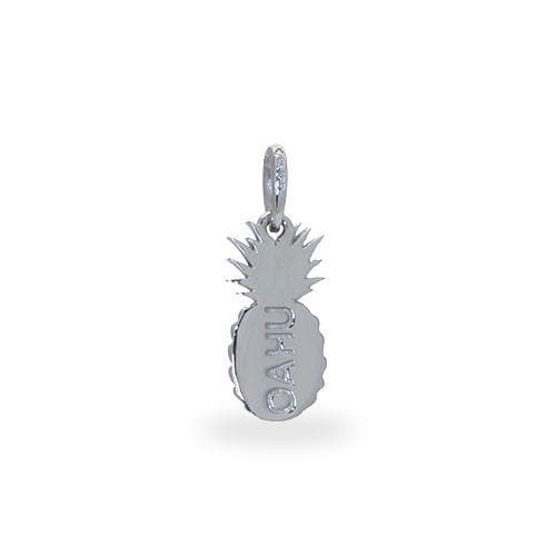 Silver pineapple pendant with 'Oahu' engraving on the back on a white background