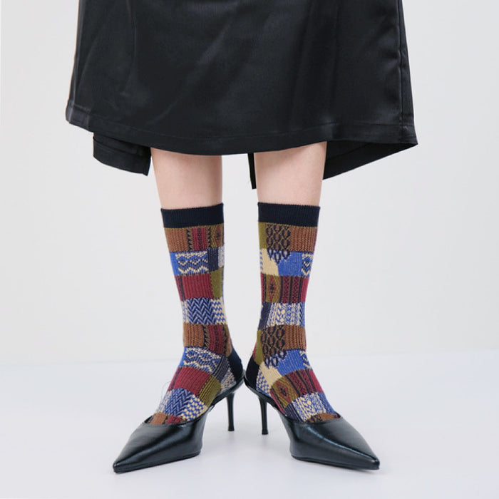 Model wearing a pair of Plaid Patchwork Socks, great for casual wear and light workouts.
