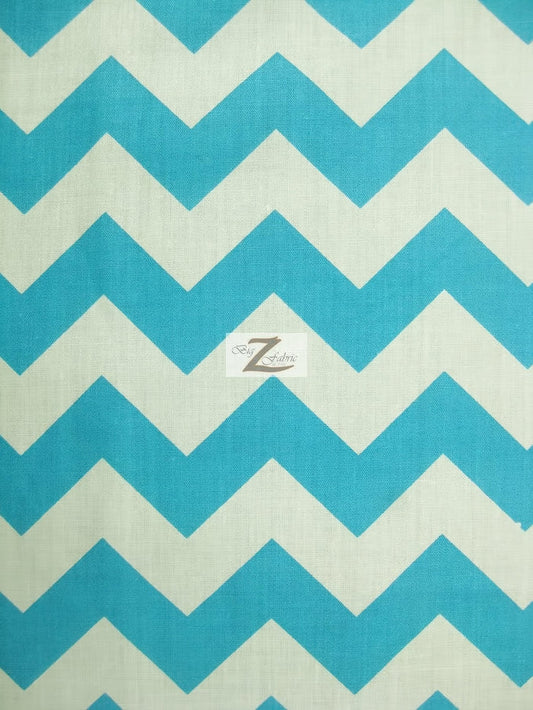 Poly Cotton Fabric 1" Zig Zag Chevron / White/Turquoise / Sold By The Yard