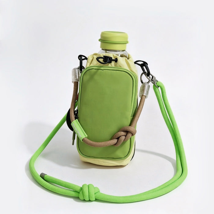 Studio flat lay of the lime green utility bottle carrier holding a matching green water bottle with a thick neon shoulder cord.