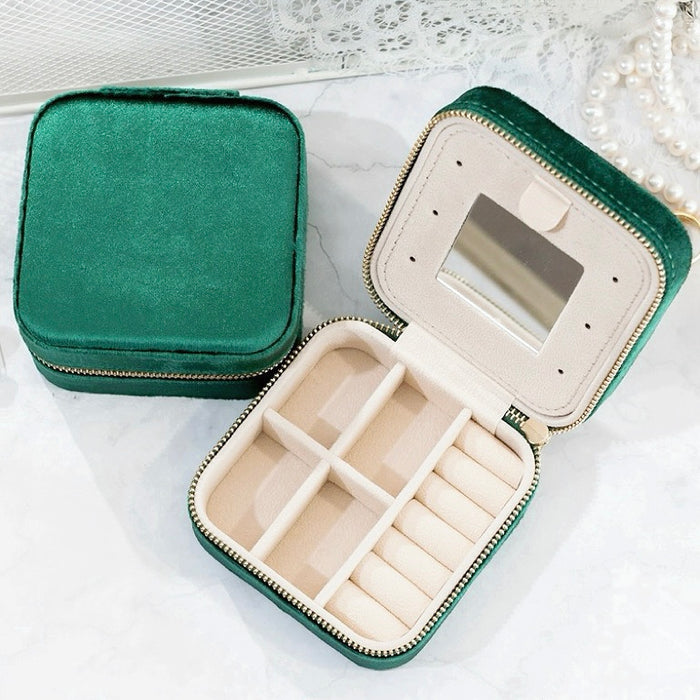 Angled view of Portable Velvet Jewelry Case storage organizer, easy for travel packing and storage.