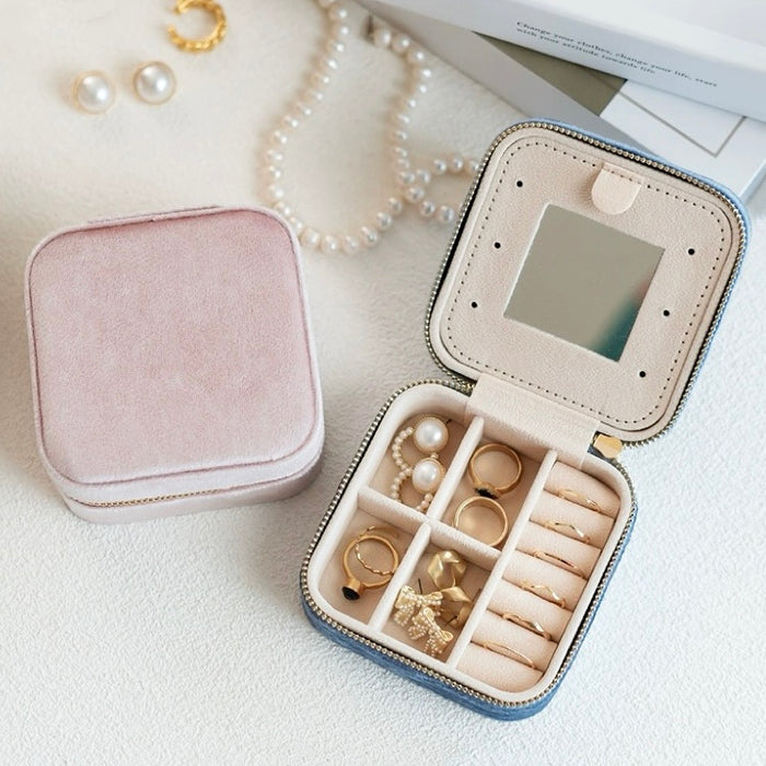 Close-up of Portable Velvet Jewelry Case storage organizer in pink, ideal for tidy shelves and daily use.