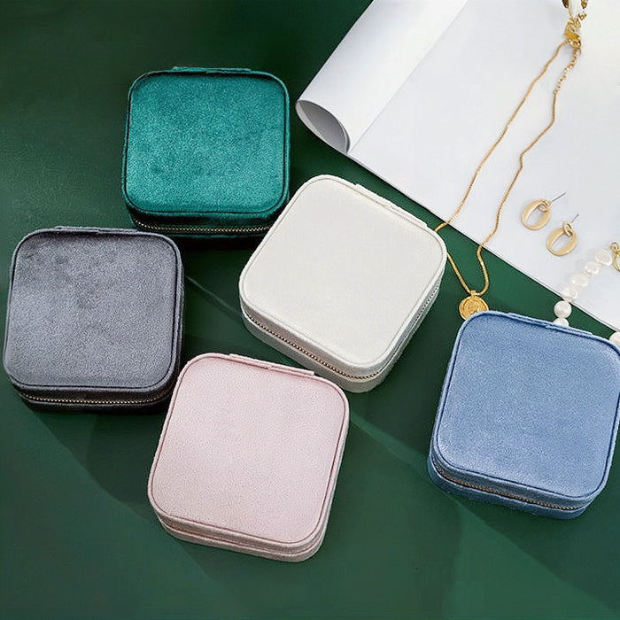 Front view of  5 colors of Portable Velvet Jewelry Case storage organizer.