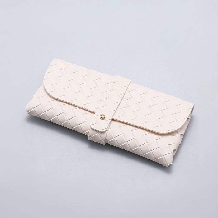 Close-up of white Portable Woven Leather Glasses Case with buckle closure, ideal for  daily use.