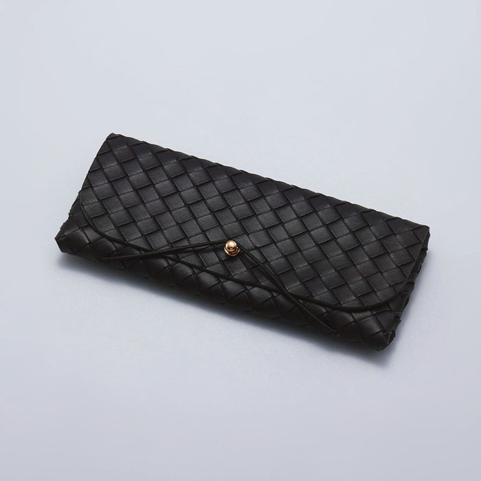 Front view of black Portable Woven Leather Glasses Case with elastic rope closure, ideal for daily use.