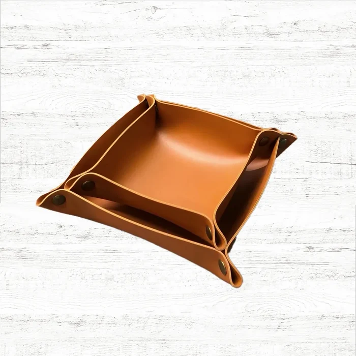 Folded view of PU Leather Tray storage organizer in tan, easy for travel packing and storage.