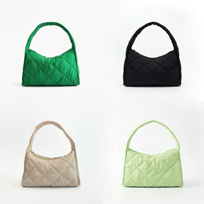 Collection of Puffy Argyle Quilted Hobo Bags in forest green, black, khaki, and light green.