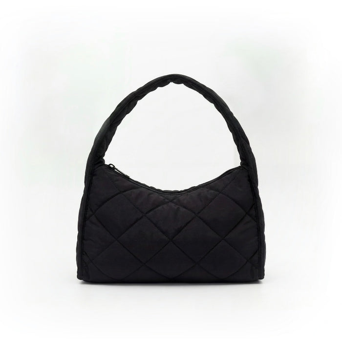 Front view of the black argyle quilted hobo bag with a cloud-like texture.