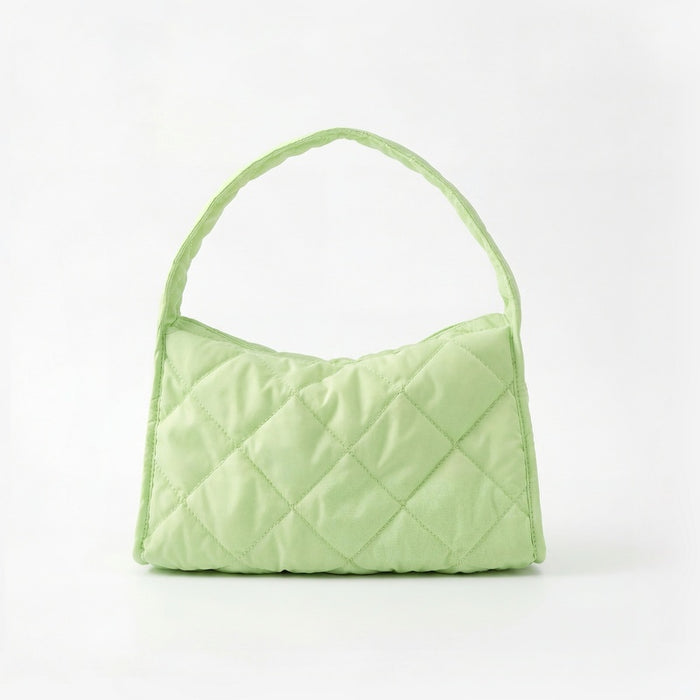 Front view of the lime green argyle quilted hobo bag with a cloud-like texture.