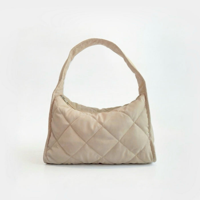 Front view of the khaki argyle quilted hobo bag with a cloud-like texture.