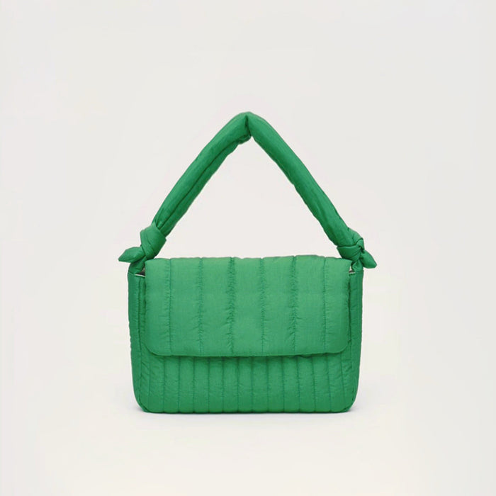 Front view of  Puffy Knot Quilted Bag in green, ideal for errands and gifting.