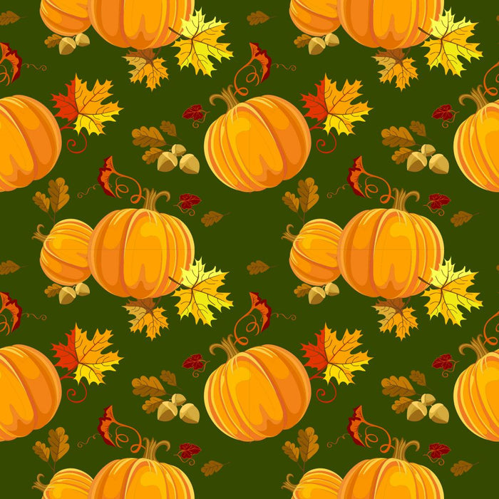 Pumpkins and Leaves on Green 100% Cotton Fabric