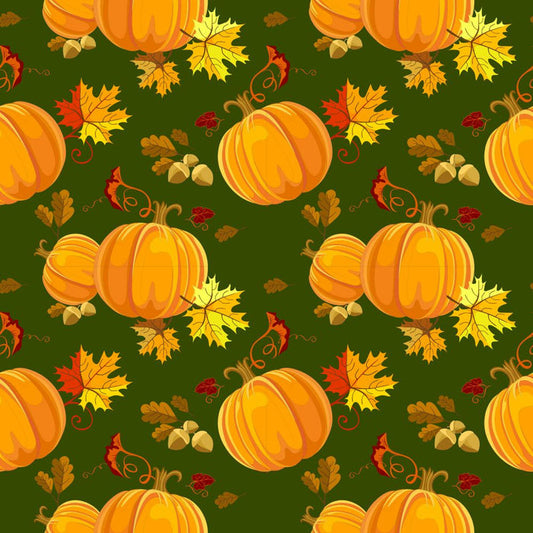 Pumpkins and Leaves on Green 100% Cotton Fabric