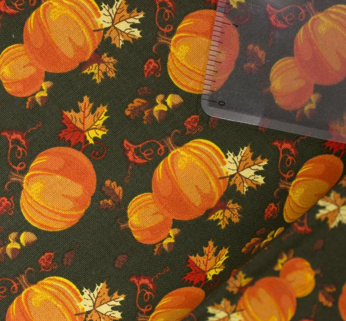 Pumpkins and Leaves on Green 100% Cotton Fabric