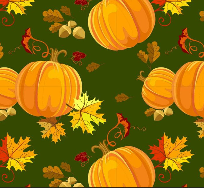 Pumpkins and Leaves on Green 100% Cotton Fabric